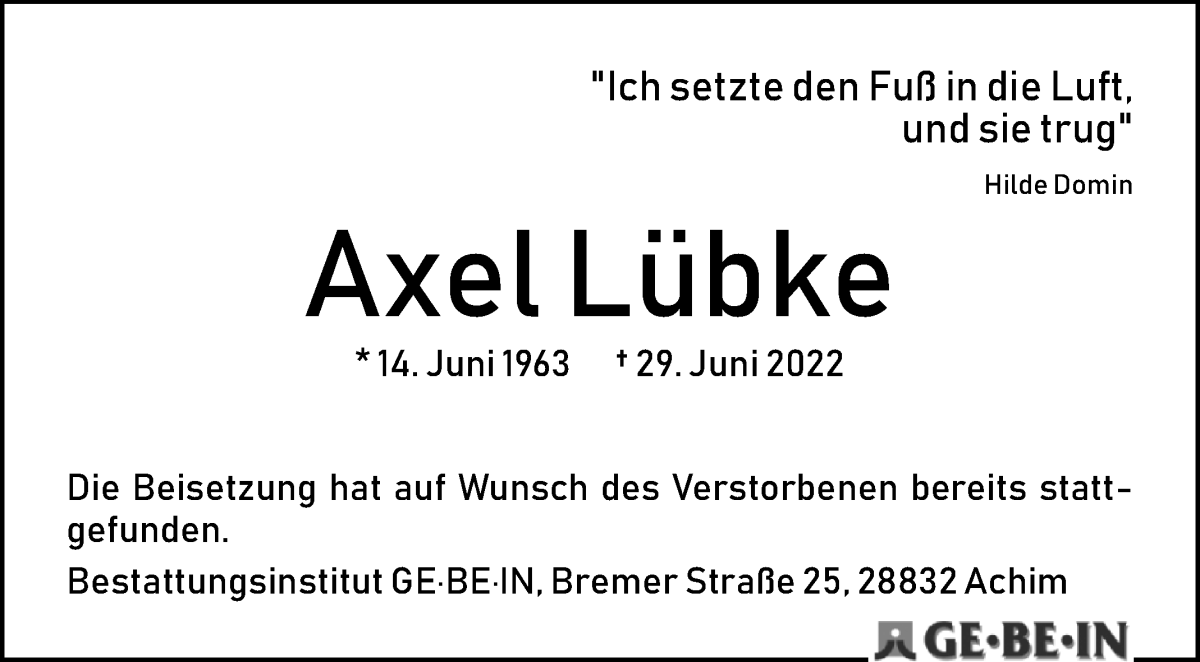 Traueranzeige von Axel Lübke von WESER-KURIER