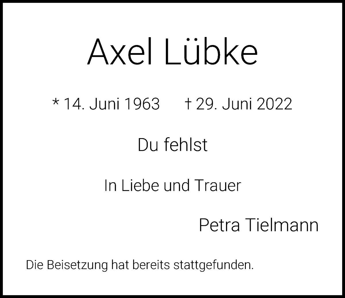 Traueranzeige von Axel Lübke von WESER-KURIER