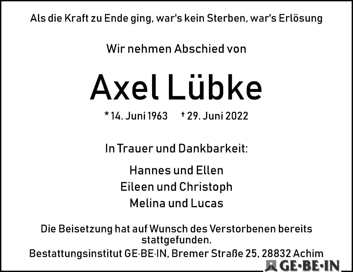 Traueranzeige von Axel Lübke von WESER-KURIER