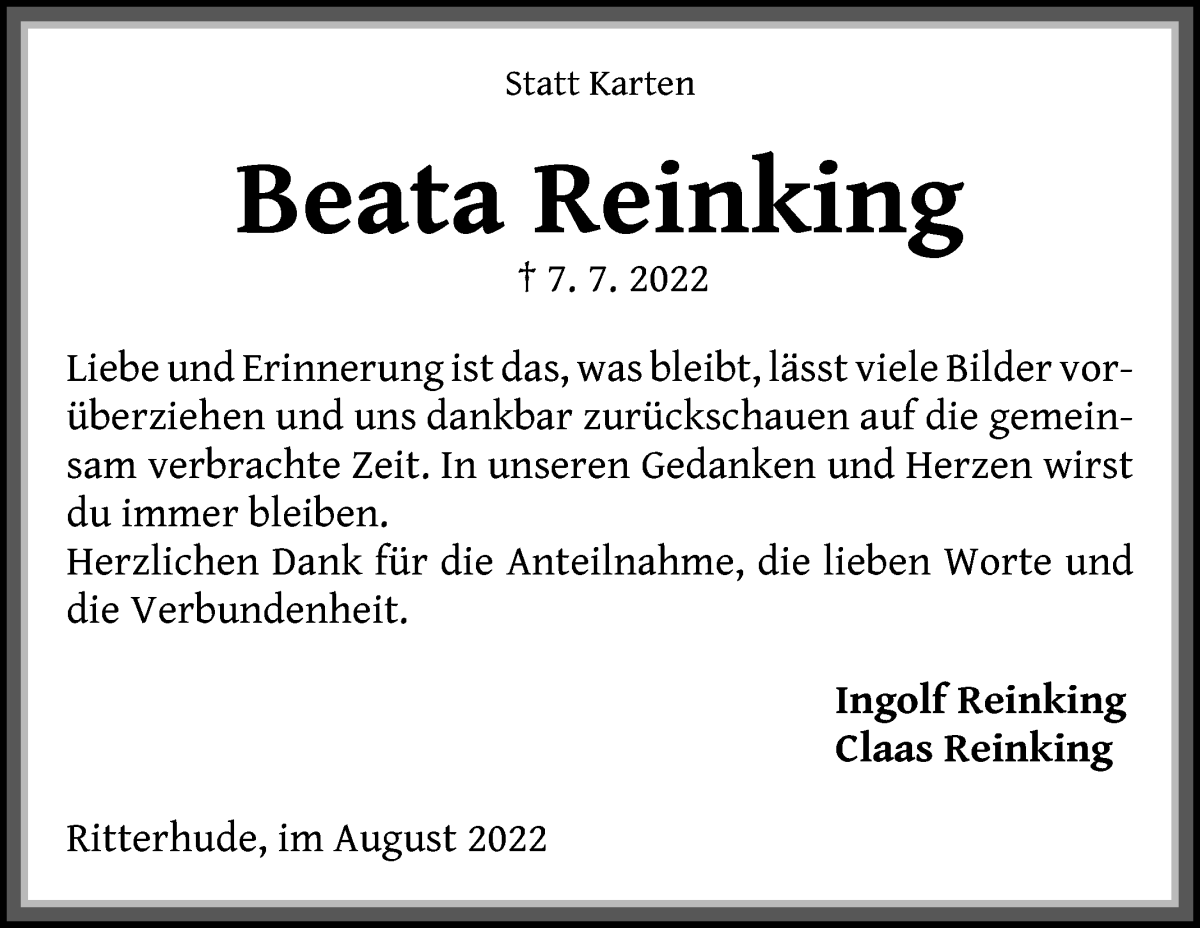 Traueranzeige von Beata Reinking von WESER-KURIER