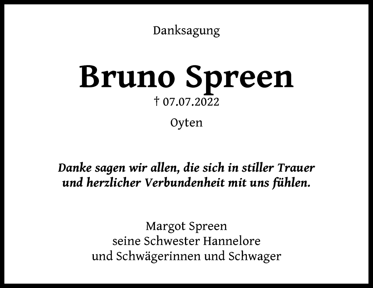 Traueranzeige von Bruno Spreen von WESER-KURIER