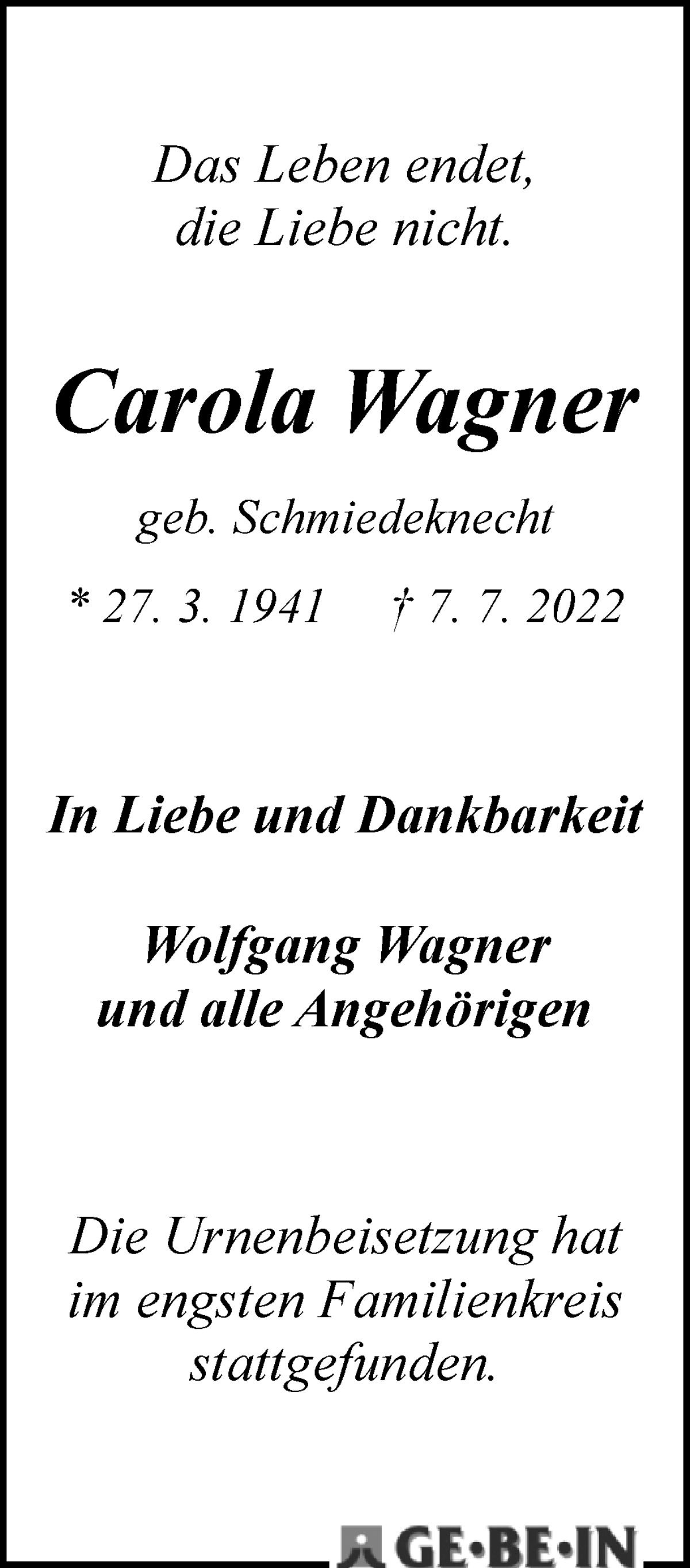 Traueranzeige von Carola Wagner von WESER-KURIER