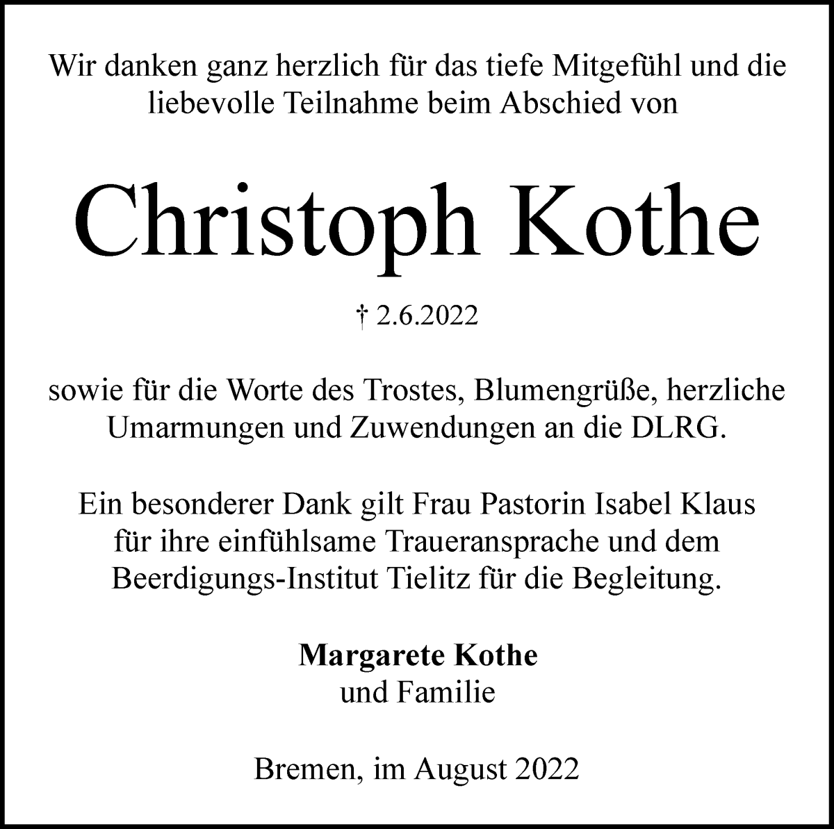 Traueranzeige von Christoph Kothe von WESER-KURIER