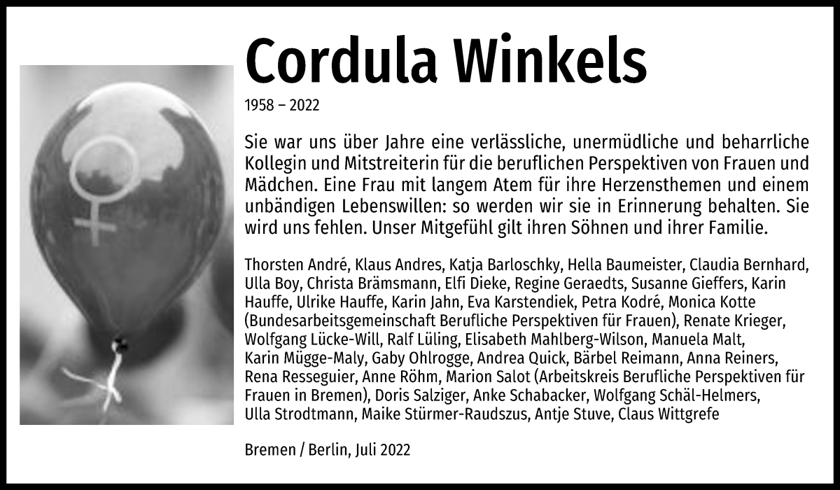 Traueranzeige von Cordula Winkels von WESER-KURIER