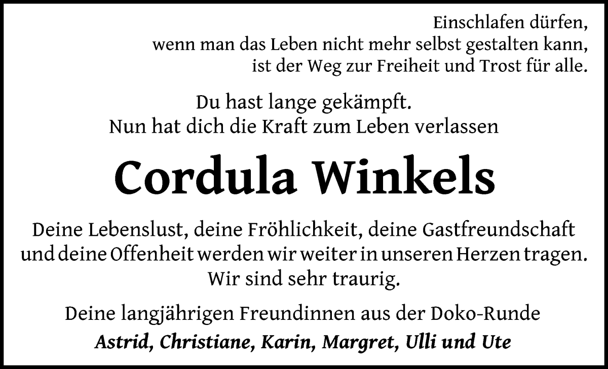 Traueranzeige von Cordula Winkels von WESER-KURIER