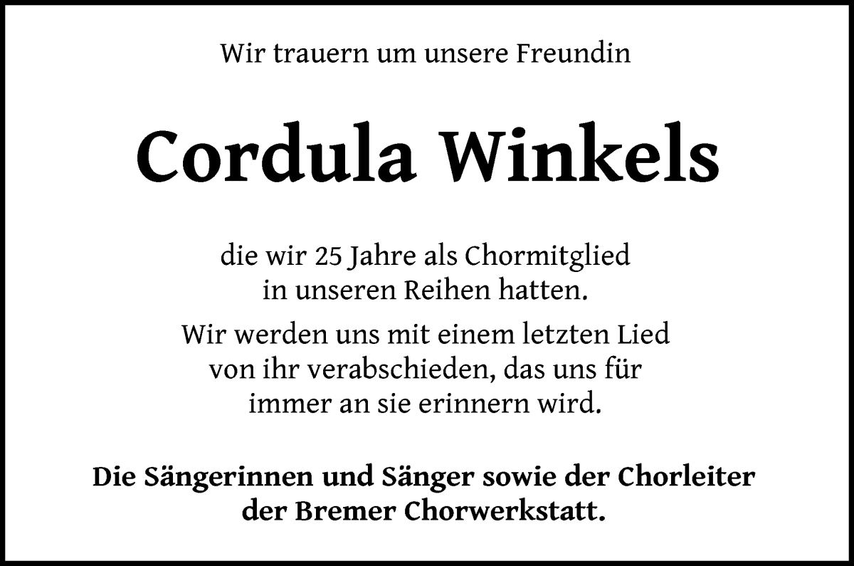 Traueranzeige von Cordula Winkels von WESER-KURIER