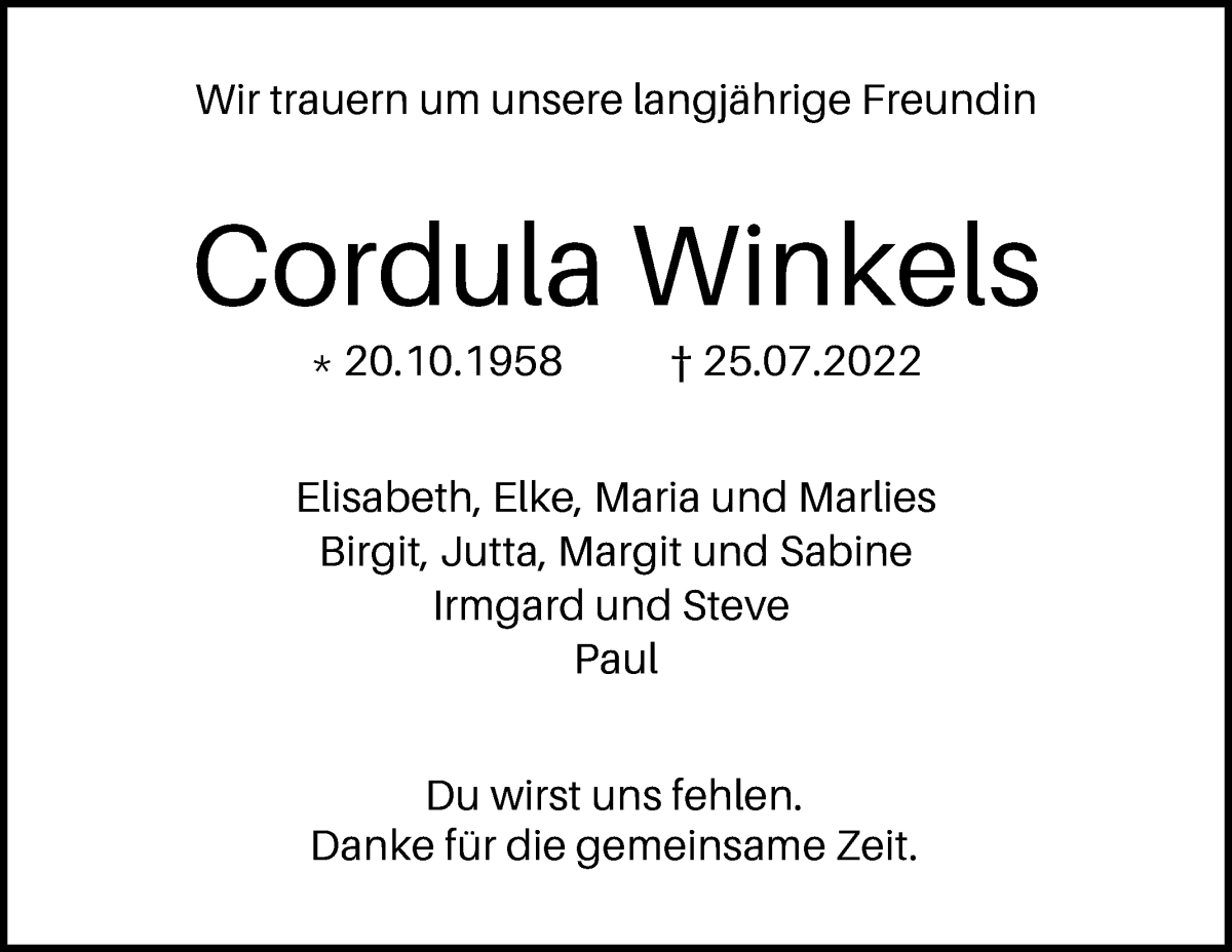 Traueranzeige von Cordula Winkels von WESER-KURIER
