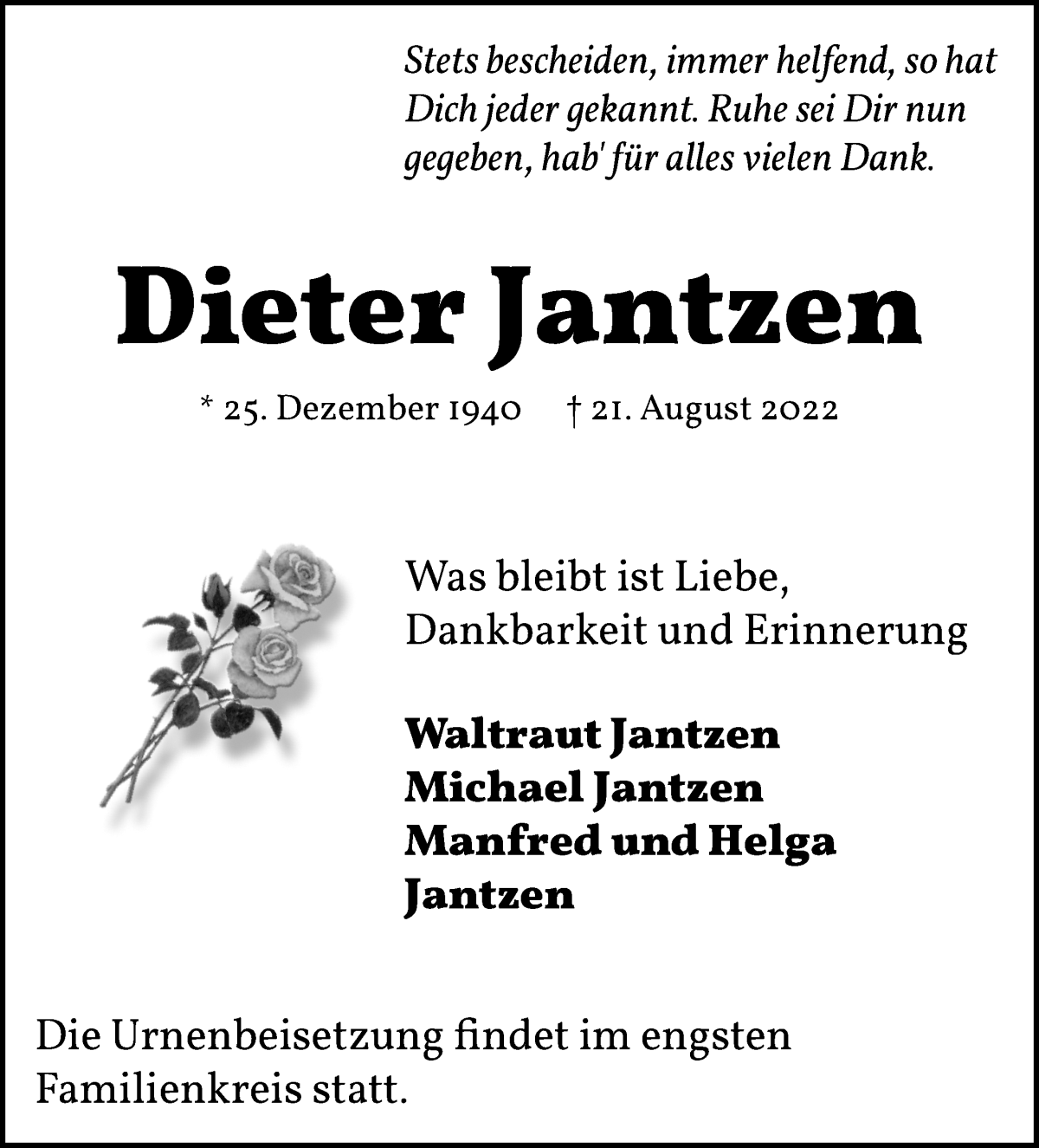 Traueranzeige von Dieter Jantzen von WESER-KURIER