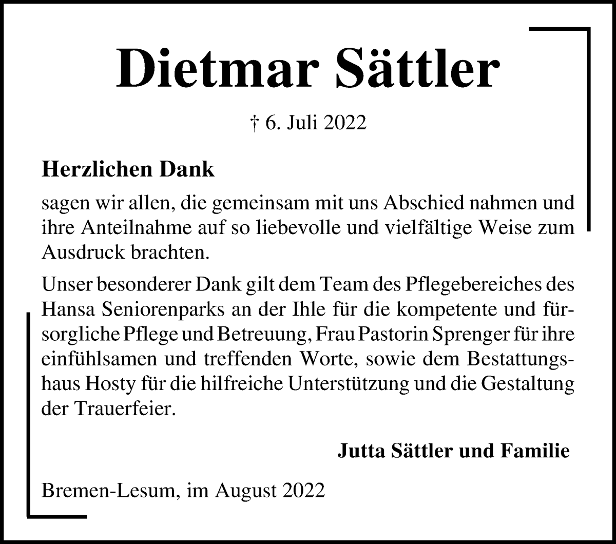 Traueranzeige von Dietmar Sättler von Die Norddeutsche