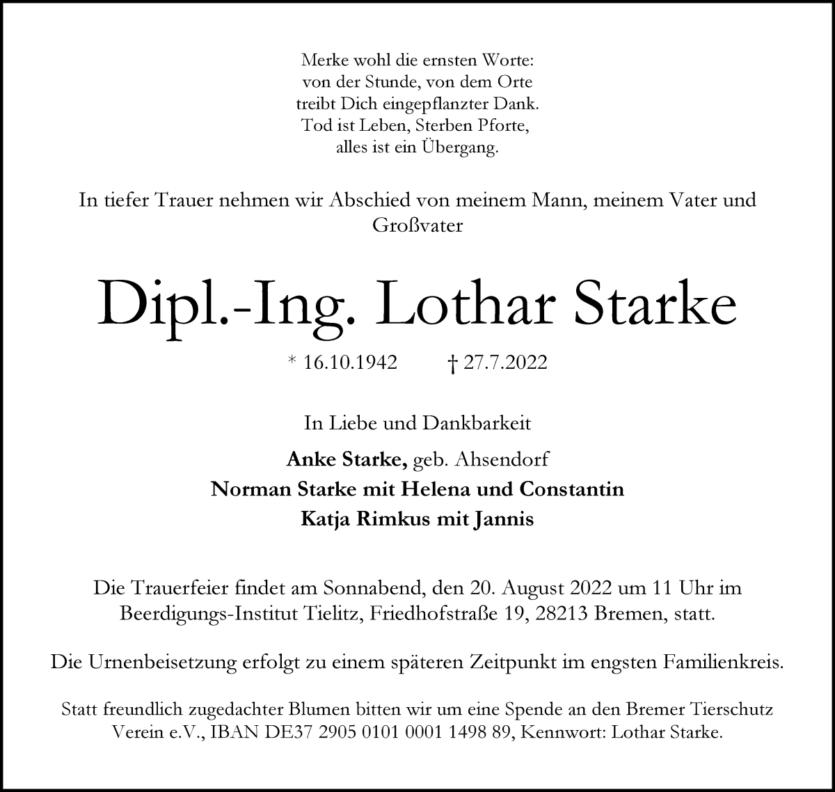 Traueranzeige von Dipl.-Ing. Lothar Starke von WESER-KURIER