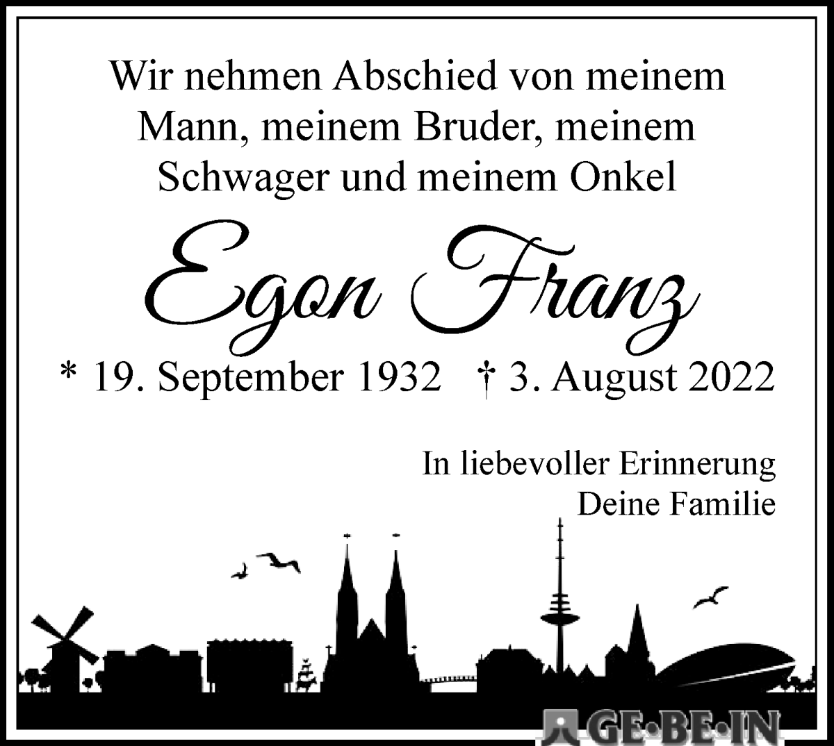 Traueranzeige von Egon Franz von WESER-KURIER