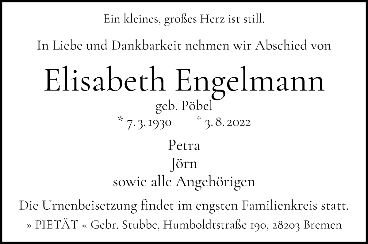 Traueranzeige von Elisabeth Engelmann von WESER-KURIER