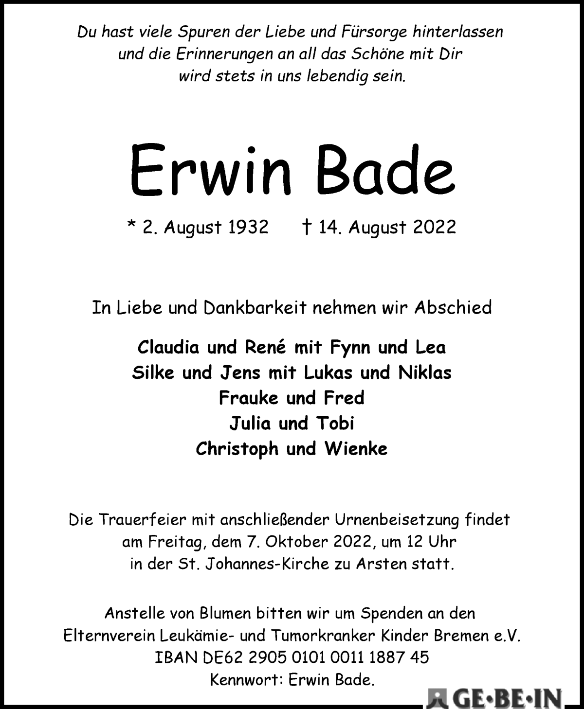Traueranzeige von Erwin Bade von WESER-KURIER