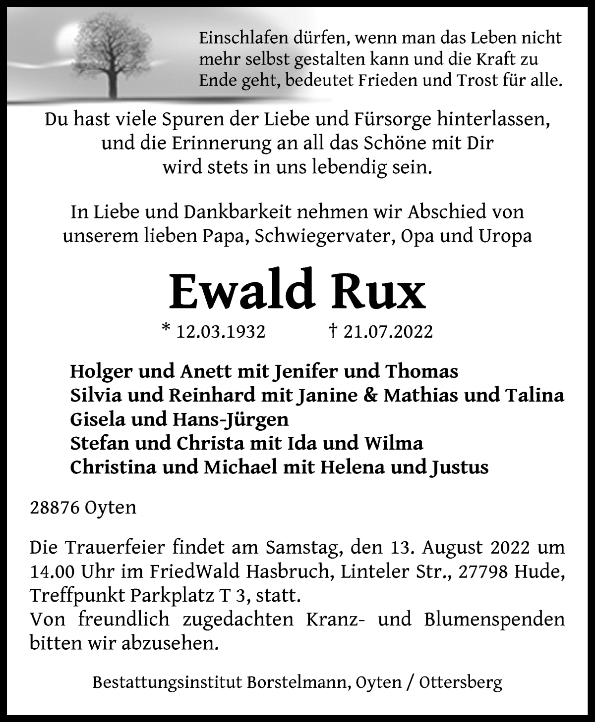 Traueranzeige von Ewald Rux von WESER-KURIER