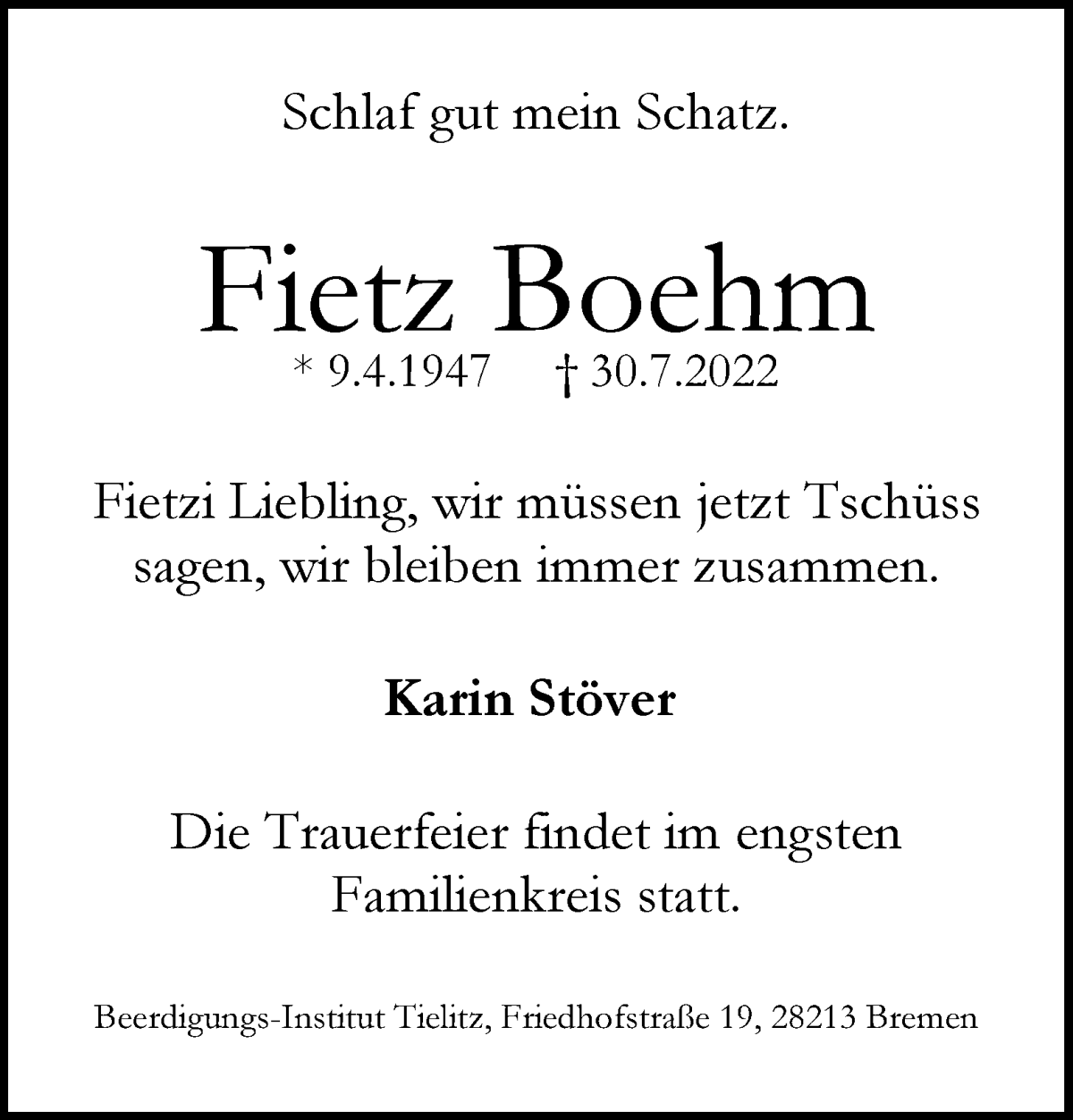 Traueranzeige von Fietz Boehm von WESER-KURIER