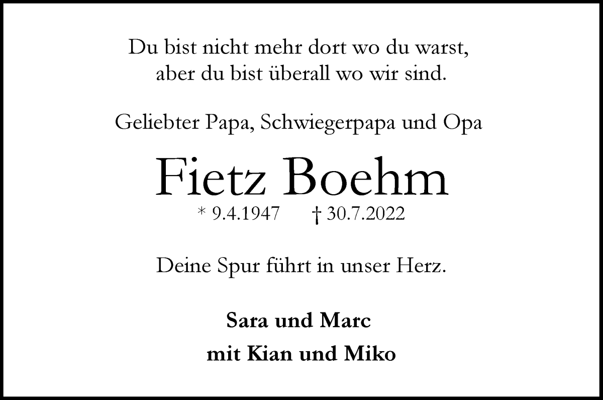 Traueranzeige von Fietz Boehm von WESER-KURIER