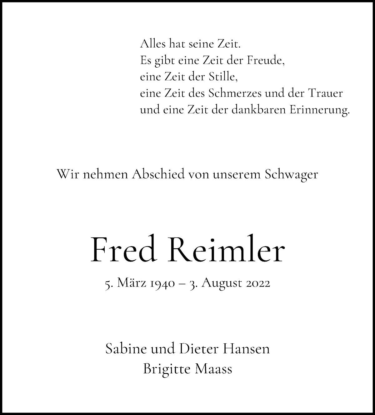 Traueranzeige von Fred Reimler von WESER-KURIER