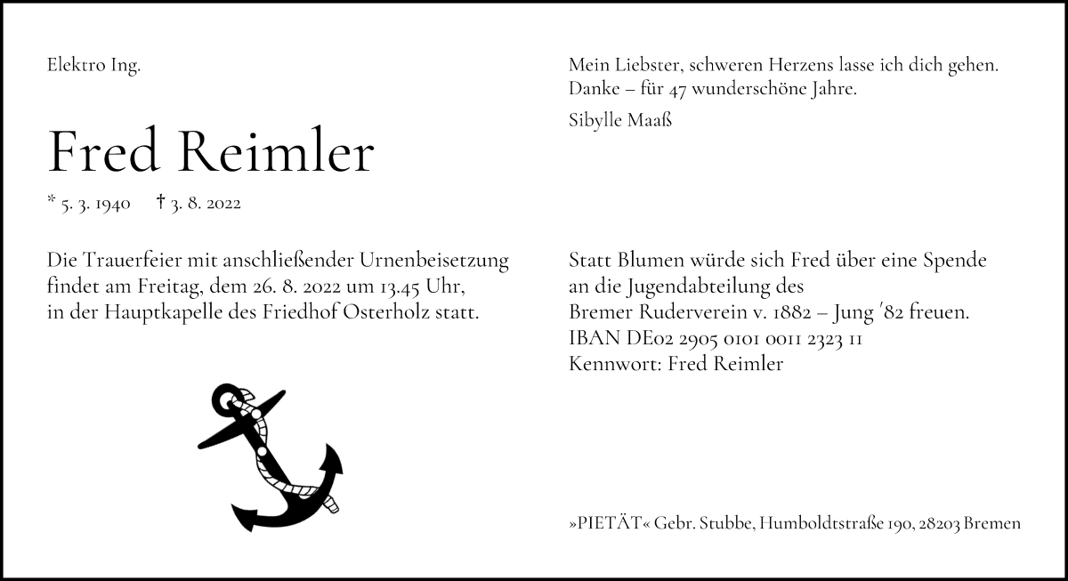 Traueranzeige von Fred Reimler von WESER-KURIER