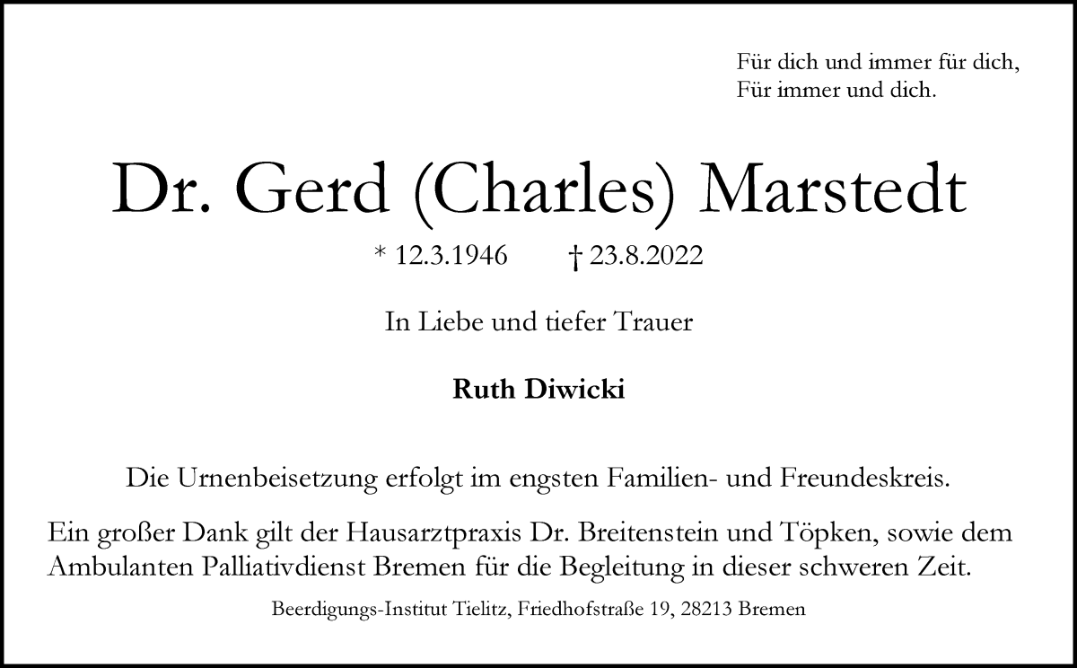 Traueranzeige von Gerd  Marstedt von WESER-KURIER