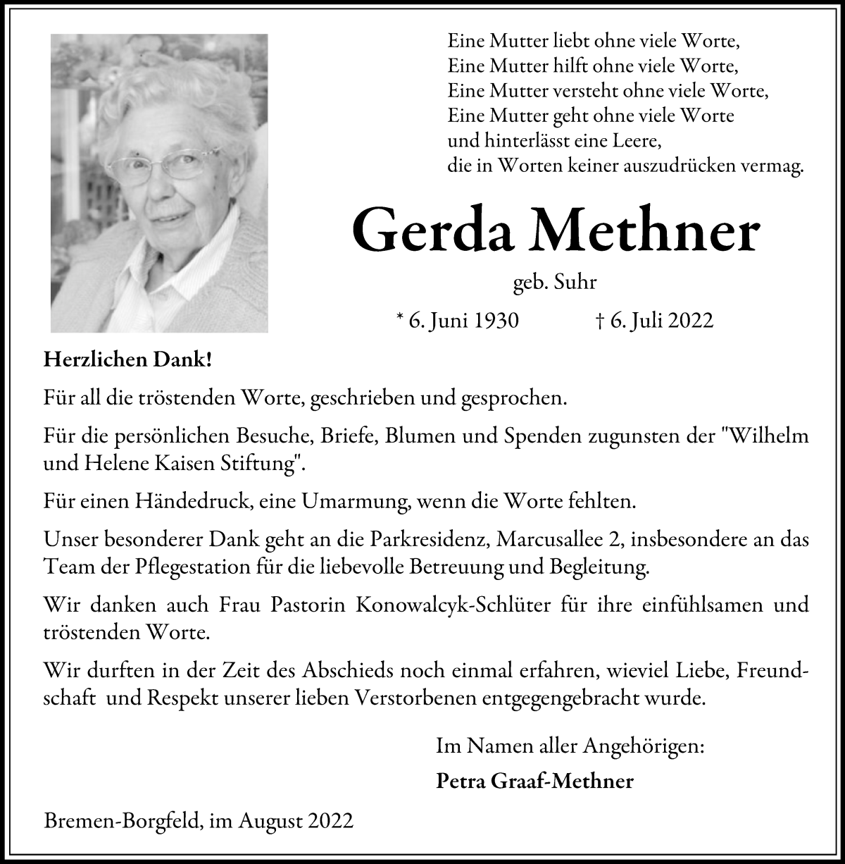 Traueranzeige von Gerda Methner von Wuemme Zeitung