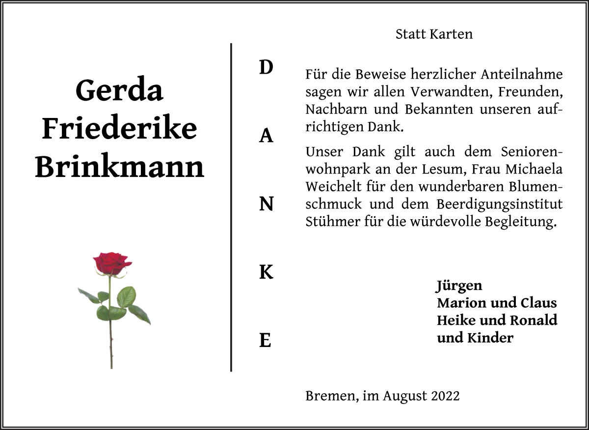 Traueranzeige von Gerda Friederike Brinkmann von Die Norddeutsche