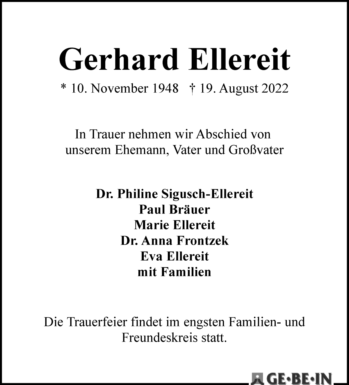 Traueranzeige von Gerhard Ellereit von WESER-KURIER