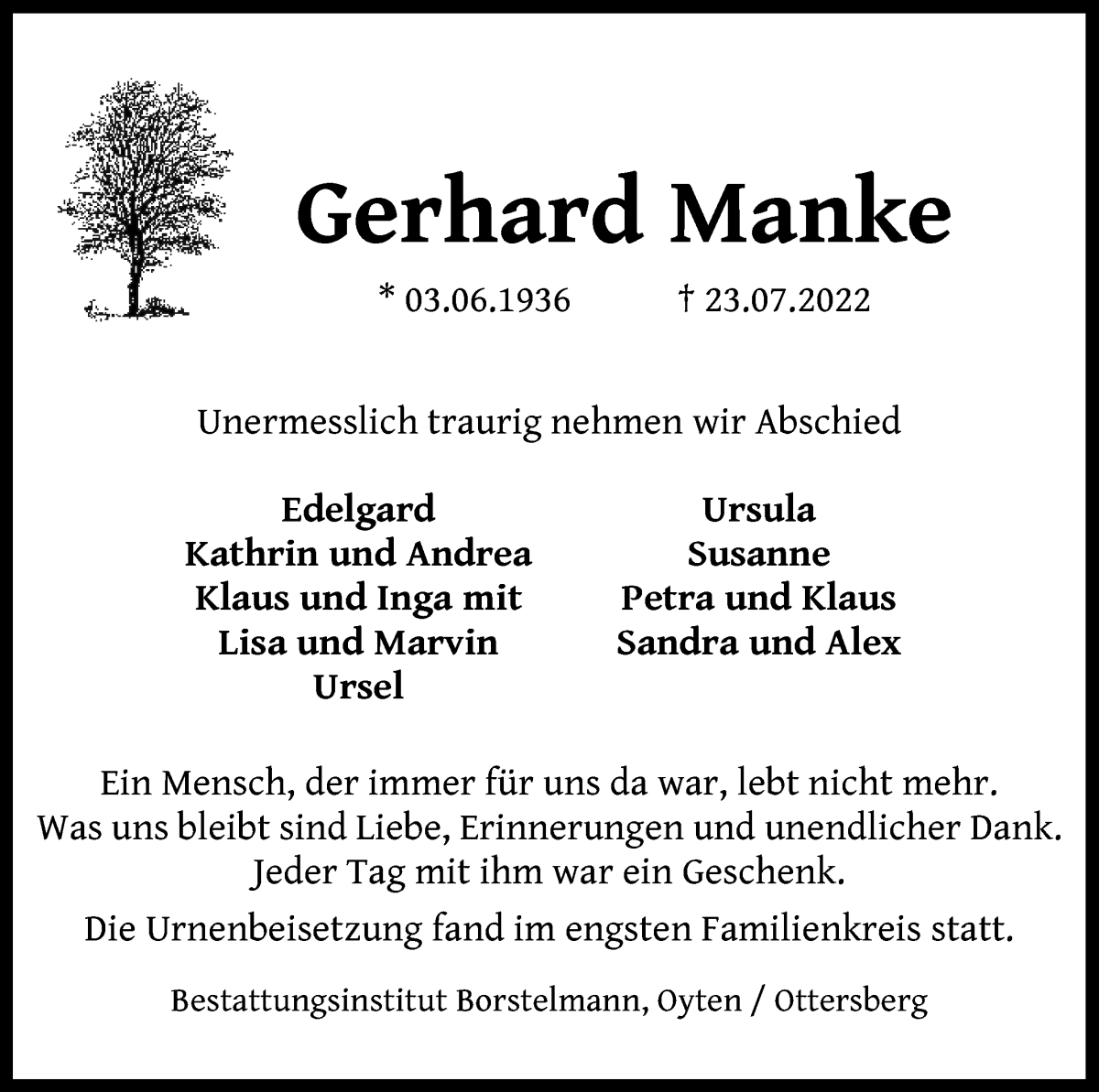 Traueranzeige von Gerhard Manke von Achimer Kurier/Verdener Nachrichten