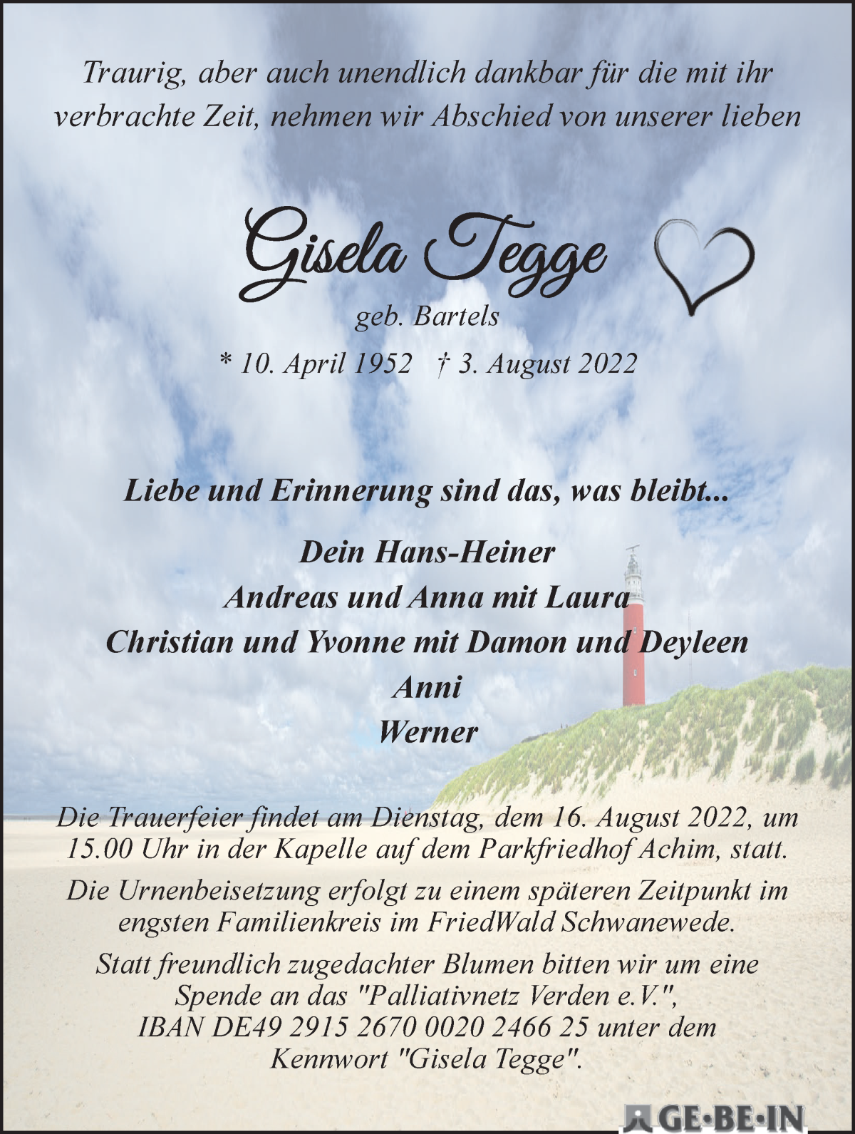 Traueranzeige von Gisela Tegge von WESER-KURIER
