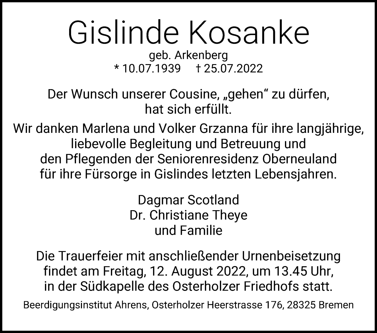Traueranzeige von Gislinde Kosanke von WESER-KURIER