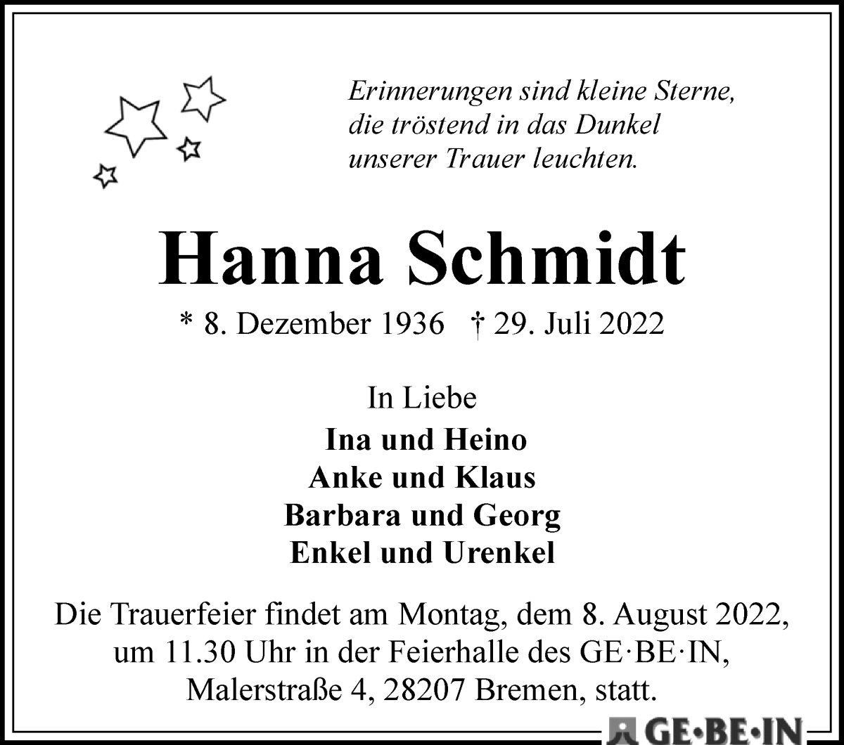 Traueranzeige von Hanna Schmidt von WESER-KURIER