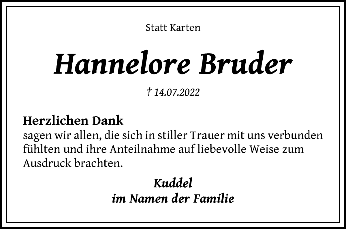 Traueranzeige von Hannelore Bruder von Die Norddeutsche