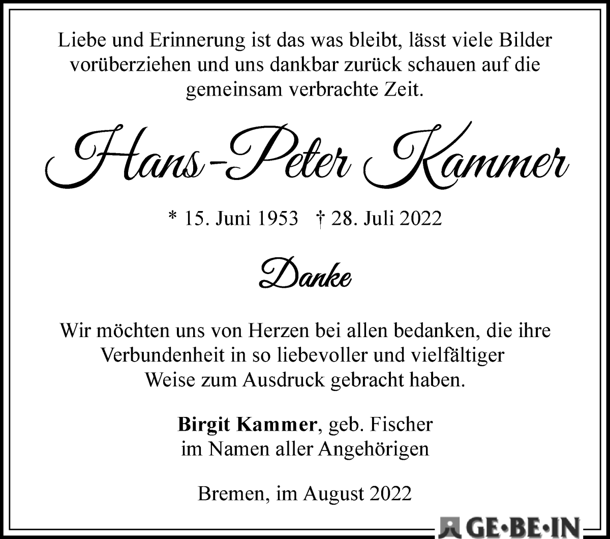 Traueranzeige von Hans-Peter Kammer von WESER-KURIER