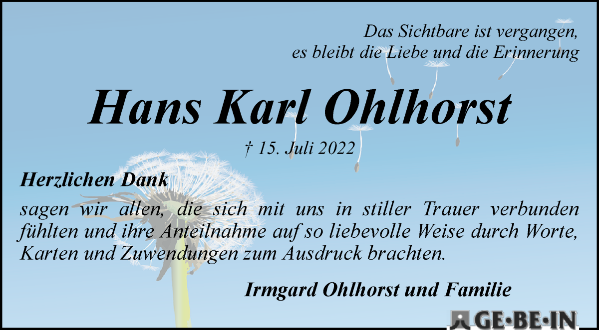 Traueranzeige von Hans Karl Ohlhorst von WESER-KURIER