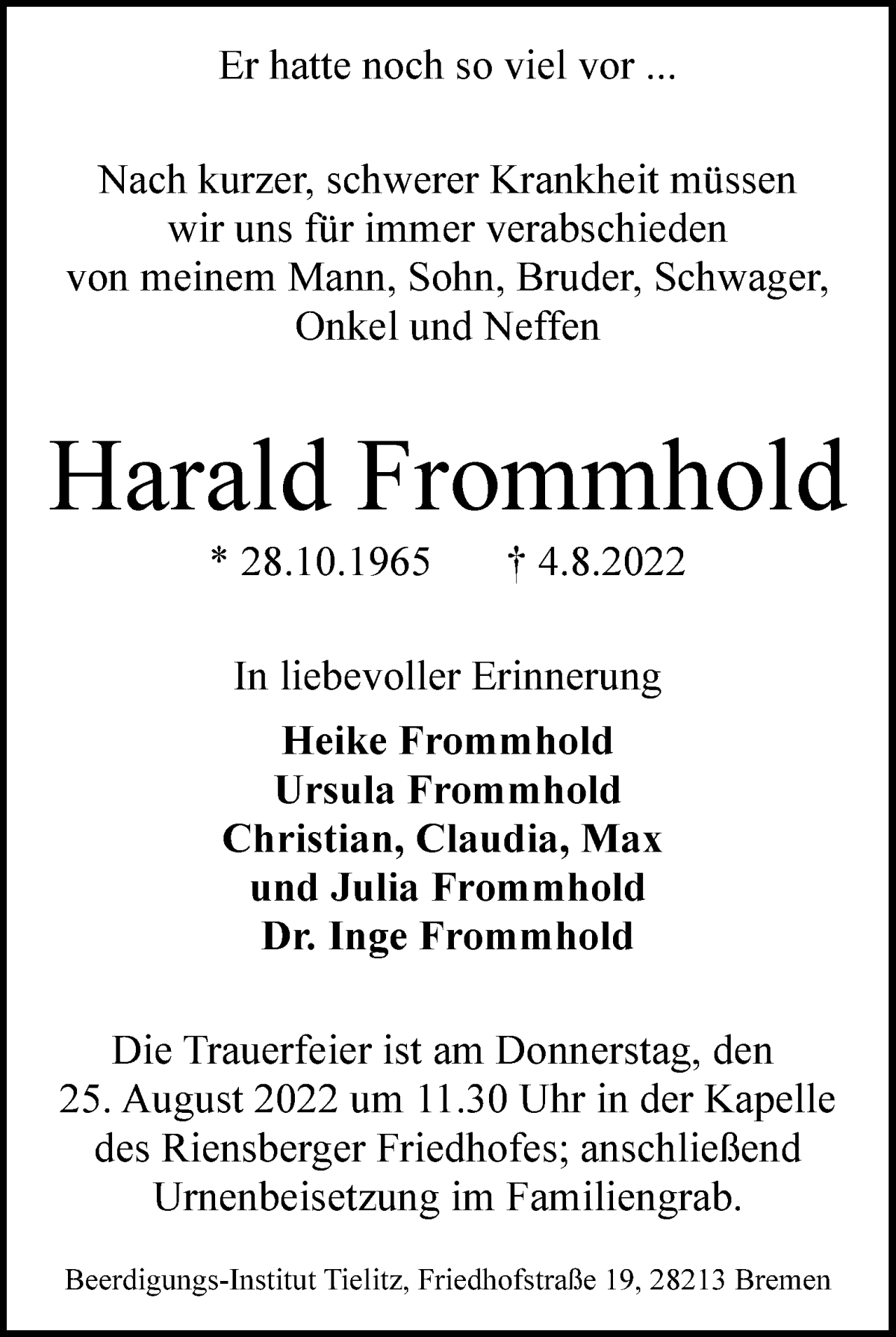 Traueranzeige von Harald Frommhold von WESER-KURIER