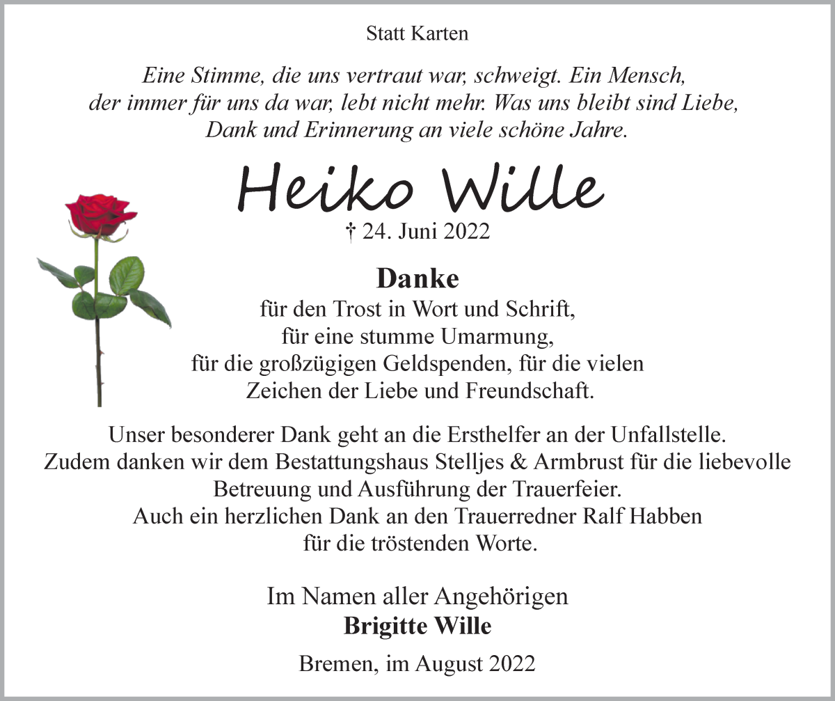 Traueranzeige von Heiko Wille von Osterholzer Kreisblatt