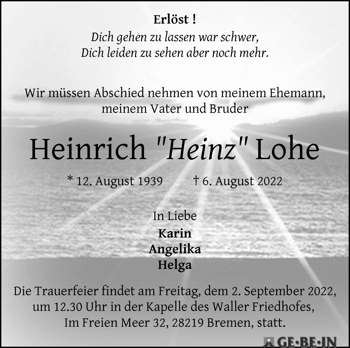 Traueranzeige von Heinrich Lohe von WESER-KURIER