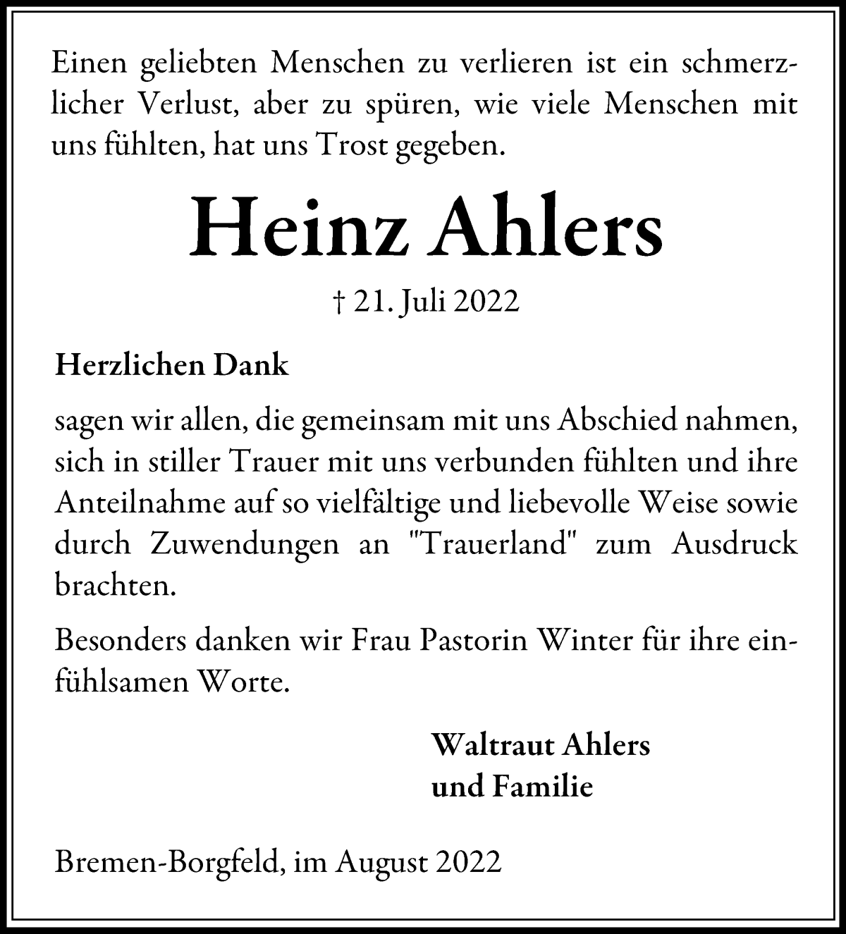 Traueranzeige von Heinz Ahlers von WESER-KURIER