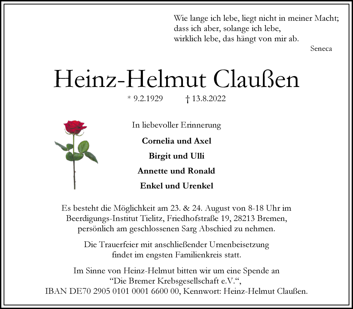 Traueranzeige von Heinz-Helmut Claußen von WESER-KURIER