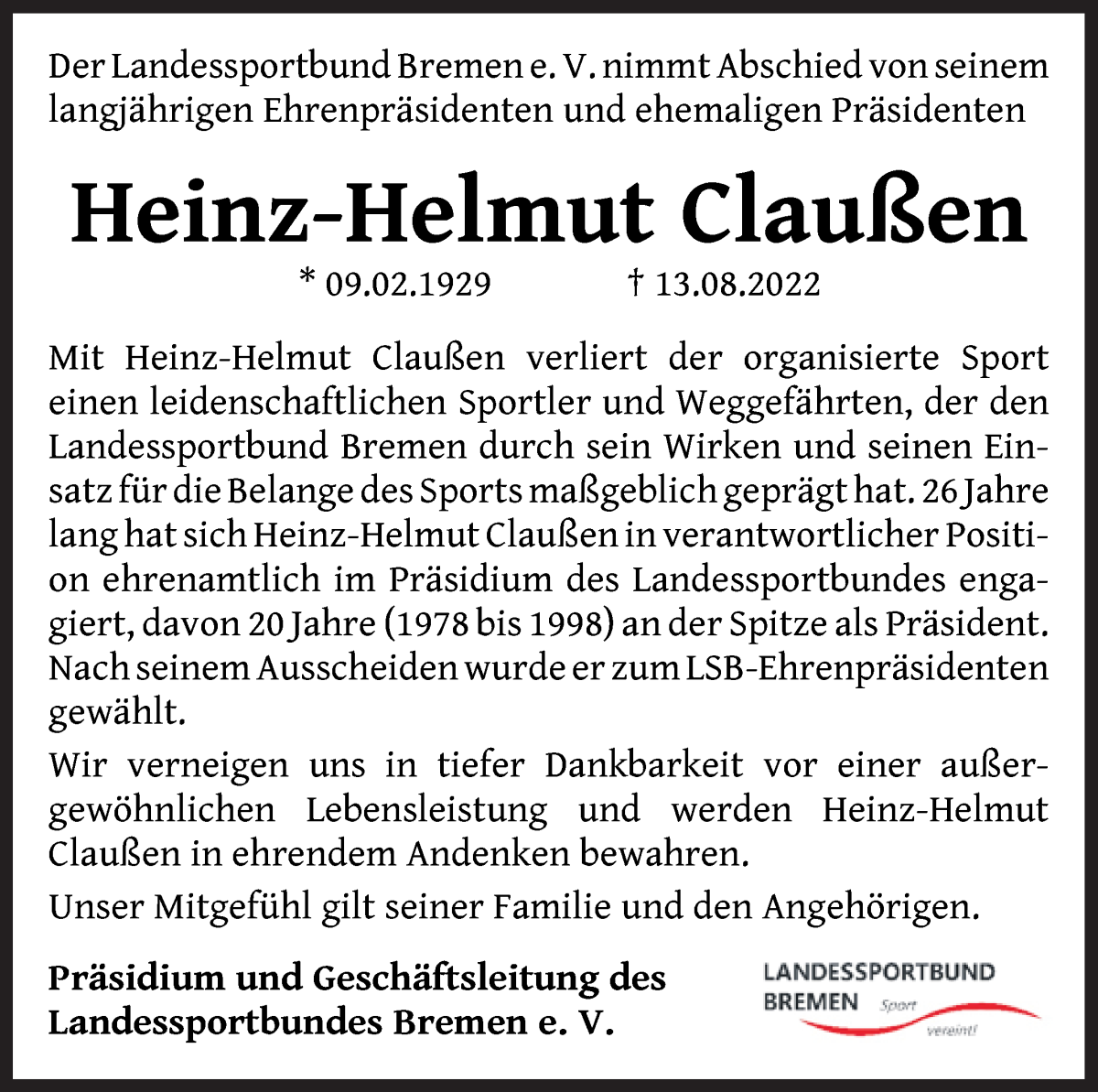 Traueranzeige von Heinz-Helmut Claußen von WESER-KURIER