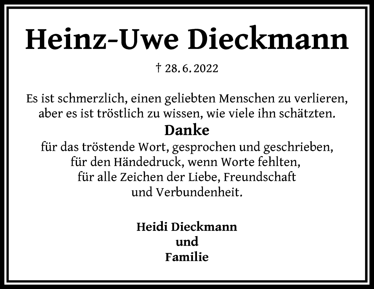 Traueranzeige von Heinz-Uwe Dieckmann von WESER-KURIER