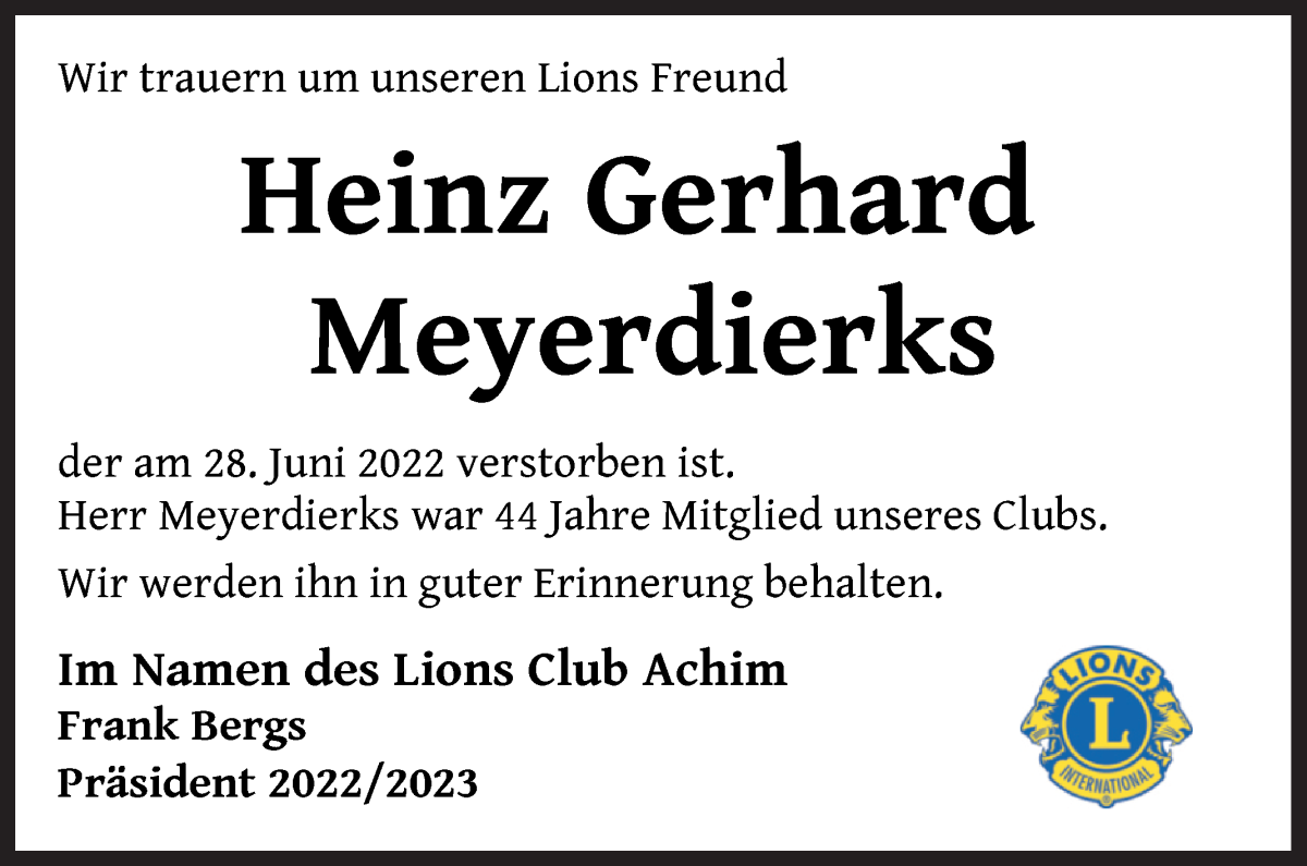 Traueranzeige von Heinz Gerhard Meyerdierks von Wuemme Zeitung