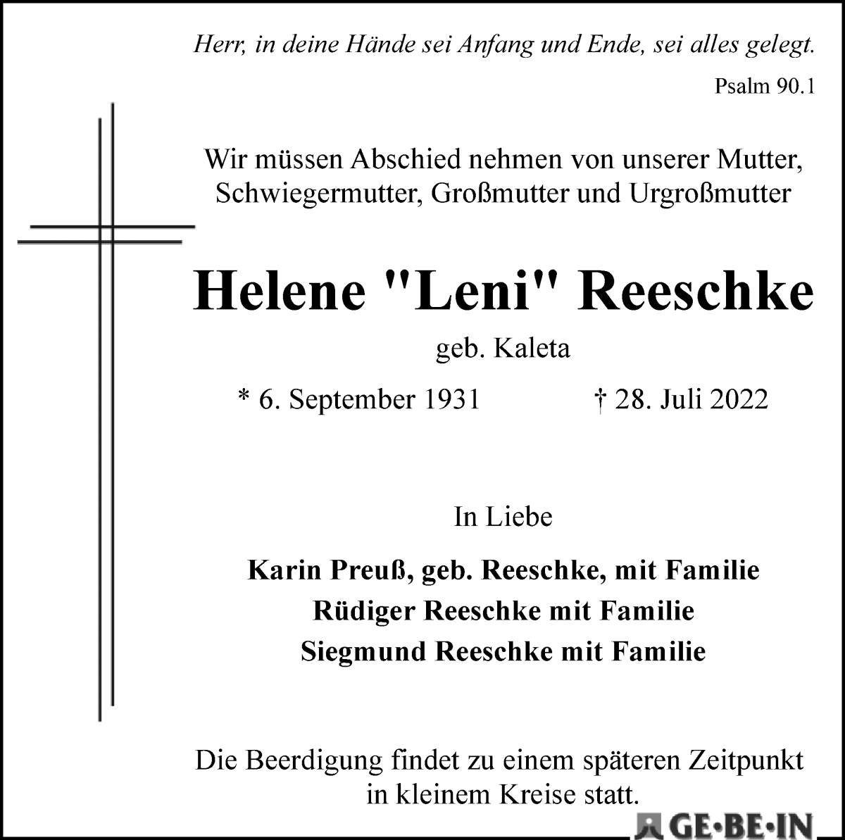 Traueranzeige von Helene Reeschke von WESER-KURIER
