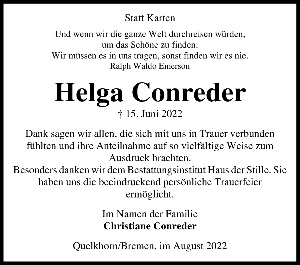 Traueranzeige von Helga Conreder von WESER-KURIER