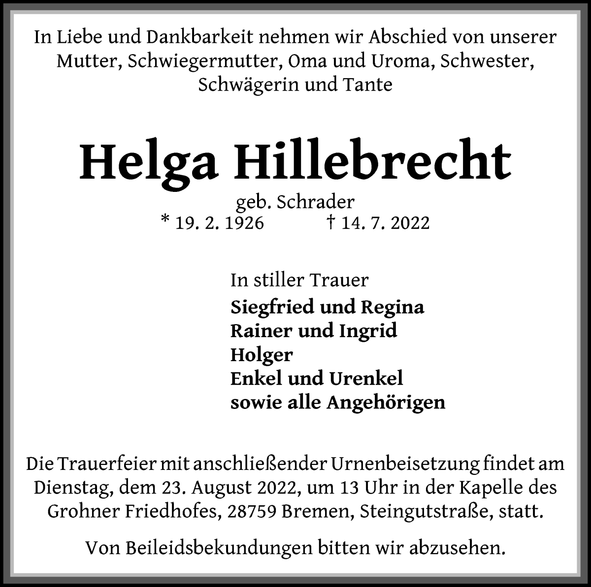Traueranzeige von Helga Hillebrecht von Die Norddeutsche