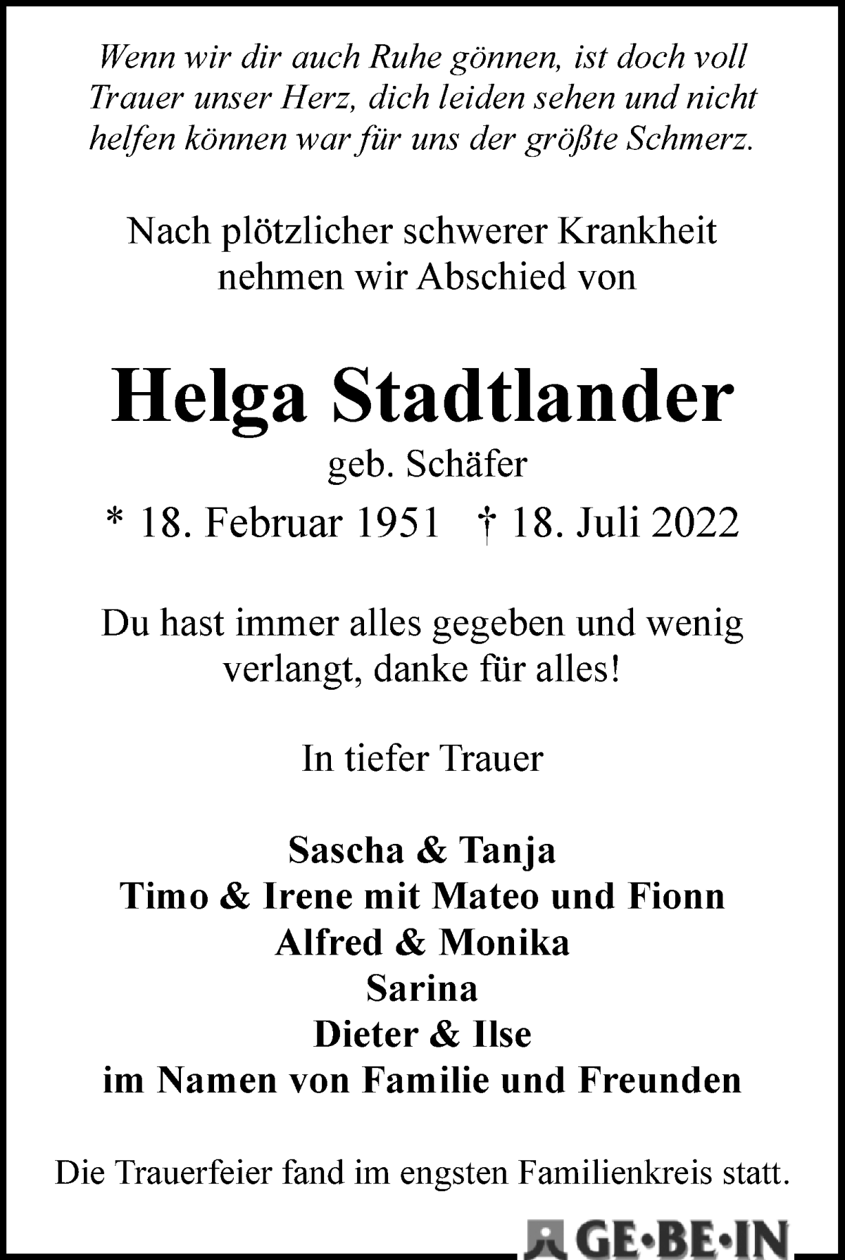 Traueranzeige von Helga Stadtlander von WESER-KURIER