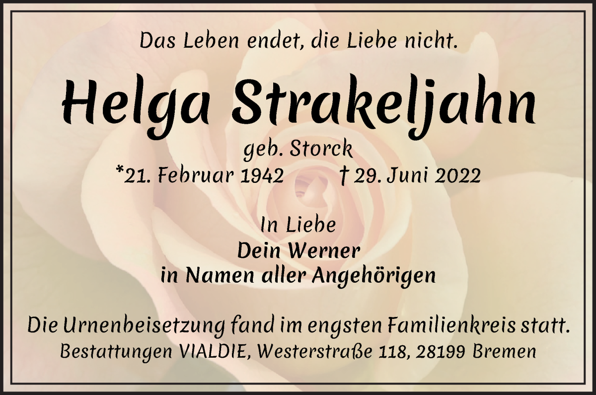 Traueranzeige von Helga Strakeljahn von WESER-KURIER