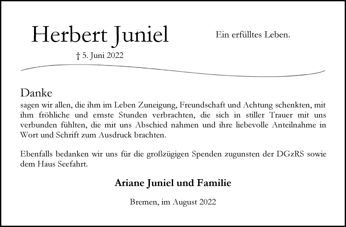 Traueranzeige von Herbert Juniel von WESER-KURIER