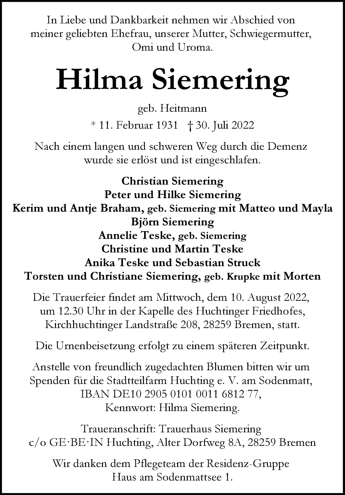 Traueranzeige von Hilma Siemering von WESER-KURIER