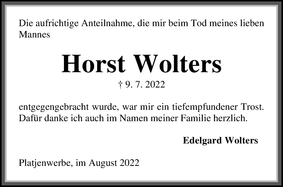 Traueranzeige von Horst Wolters von Die Norddeutsche