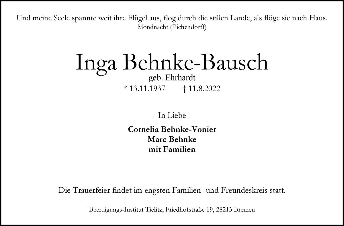 Traueranzeige von Inga Behnke-Bausch von WESER-KURIER